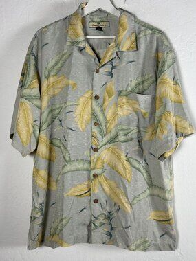 Tommy Bahama Mens Tropical Leaf Print Silk Button-Up Hawaiian Shirt Large Gray